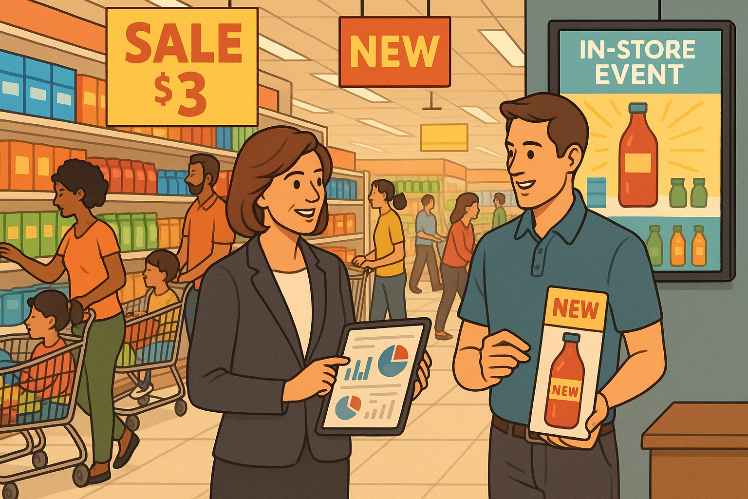 The image depicts a vibrant grocery store interior bustling with activity A wellorganized aisle showcases colorful products on neatly arranged shelves Shoppers a diverse group of families and individuals navigate the space some pushing shopping carts-2